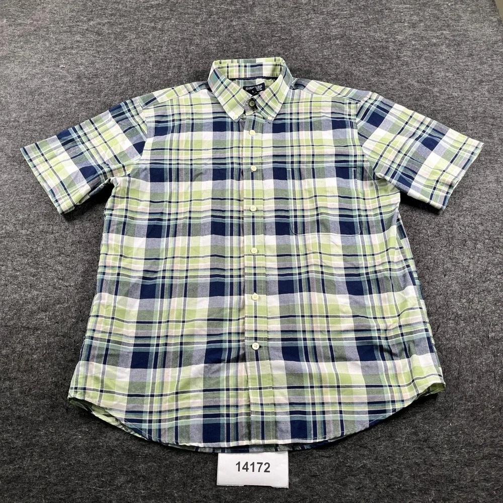 St. John's Bay Shirt Mens Large Green Blue Plaid Cotton Iron Free Button Down
